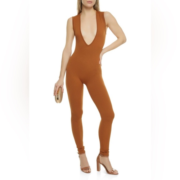 Daisy | Camel Brown Ribbed Catsuit Jumpsuit - Picture 1 of 11